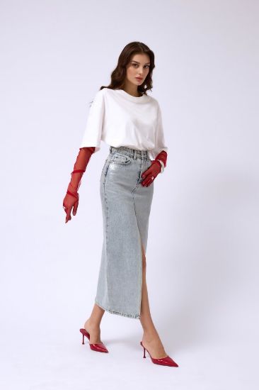 Varak Baskılı Yırtmaçlı Maxi Denim Etek resmi